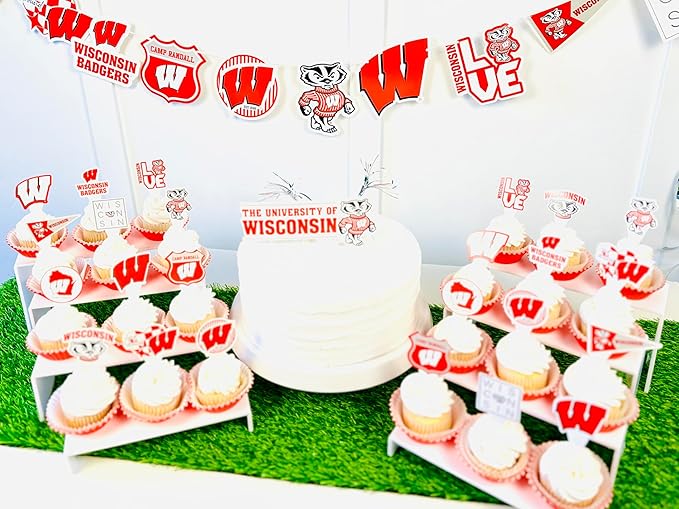 Wisconsin Party Supplies for UW Football, Birthday Gift, Graduation Party Banner and Cake Toppers (42 Pieces) (Wisconsin Badgers)