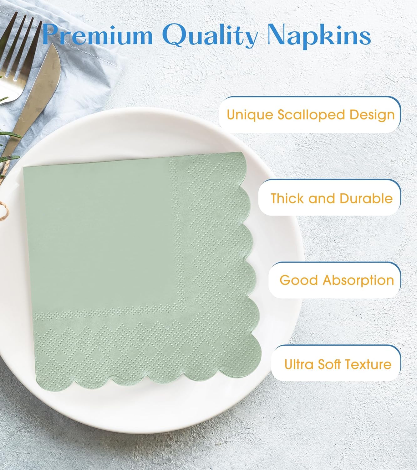 100 Pack Cocktail Napkins, 3-Ply Scalloped Edged Wedding Napkins Folded 5 x 5 Inches Dessert Napkins, Disposable Napkins for Dinner Birthday Party Bridal Anniversary Baby Shower Reception (Sage Green)