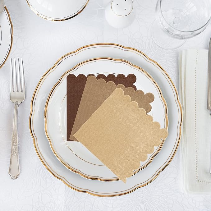 Whaline 150 Pack Fall Color Brown Neutral Cocktail Napkins Wood Grain Napkins Brown Gradient Color Napkins with Scalloped Edges Disposable Napkin in 3 Colors for Party Supplies Table Decor, 5 x 5 In