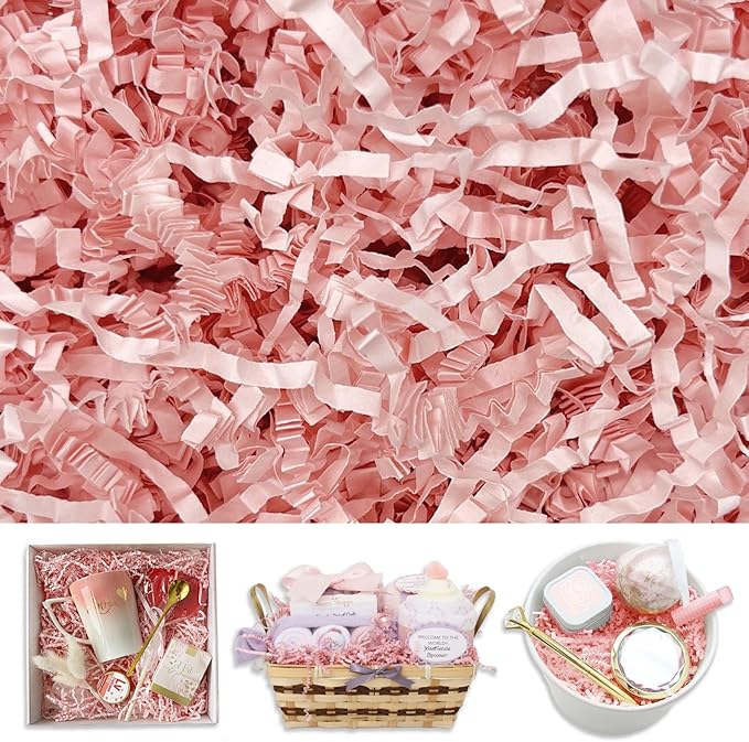 Light Pink Crinkle Cut Paper Shred Filler, 2 LB Basket Filler Shredded Paper, Confetti Stuffing for Basket Filling, Halloween, Thanksgiving, Christmas, Birthdays, Gift Wrapping, Stuffer Party Supplies