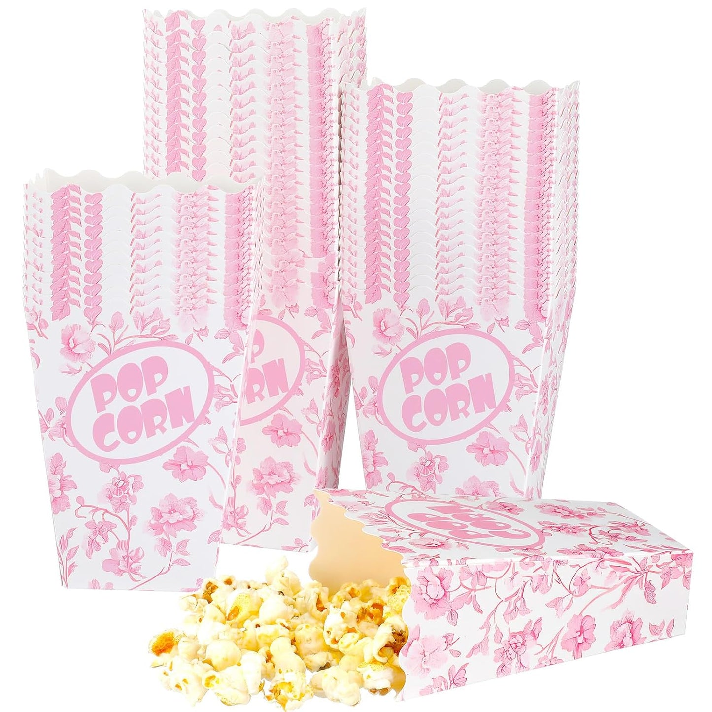 Marspark 50 Pack Pink Floral Party Popcorn Boxes - Chinoiserie Flowers Vintage Paper Popcorn Boxes Individual Servings for Birthday, Movie Night, Carnivals