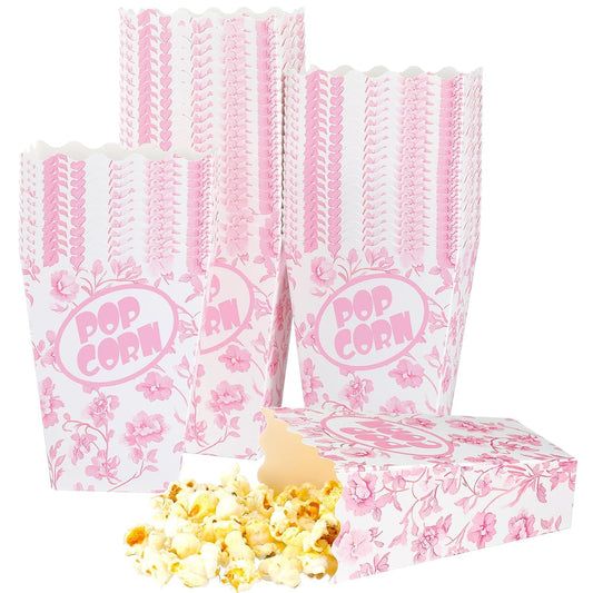 Marspark 50 Pack Pink Floral Party Popcorn Boxes - Chinoiserie Flowers Vintage Paper Popcorn Boxes Individual Servings for Birthday, Movie Night, Carnivals