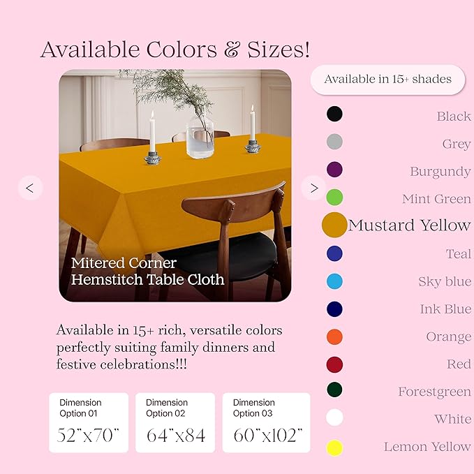 Mustard Yellow Cotton Table Cover, 60x102 Inch, Fits 8-10 Seats, Soft, Durable, Washable, Wrinkle Resistant, Rectangle Table Cloth for Summer Gatherings, Festive Meals, Dining Decor