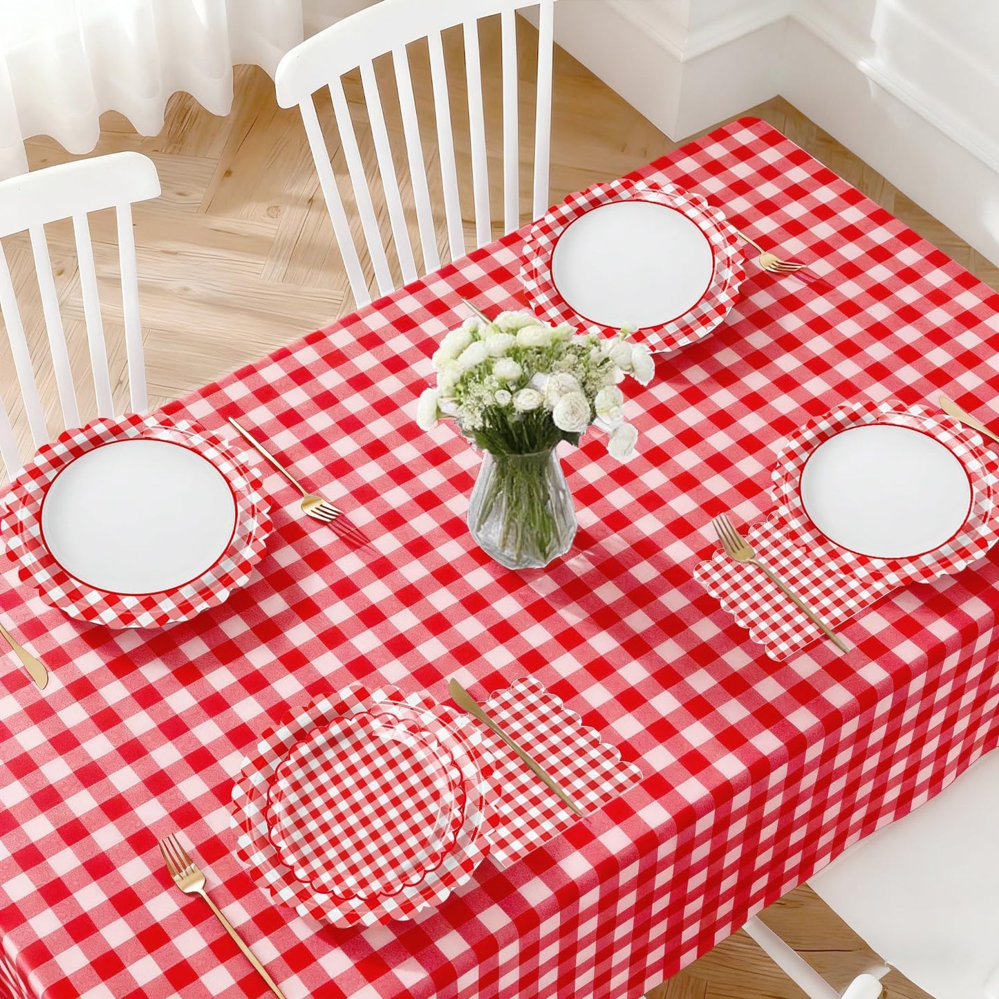 102 PCS Red Gingham Party Supplies - Scalloped Plates, Napkins, Cups, Forks, Banner, Gingham Tablecloth for Baby Shower, Birthday, Picnic Party Decorations, Serves 25