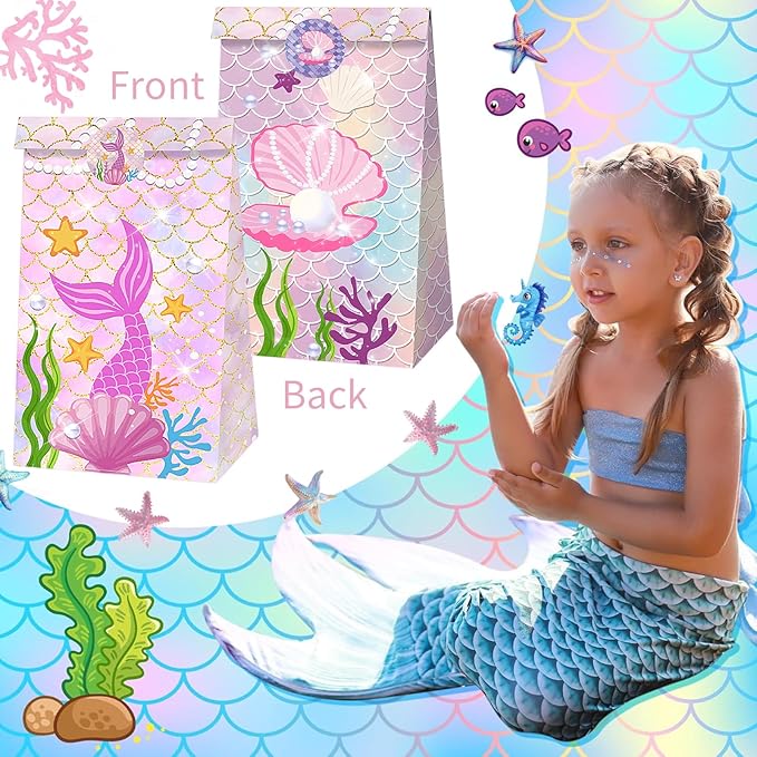 Mermaid Party Favor Bag Little Mermaid Birthday Decorations Jellyfish Seashell Gift Goodie Bags with Sticker for Girls Under the Sea Aquatic Nautical Party Summer Ocean Beach Party Supplies (12Pcs)