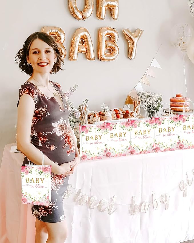 Tyndallrays 16-Piece Floral Baby Shower Favors: Bags with Handles for Girls' Shower or Reveal Party Treats