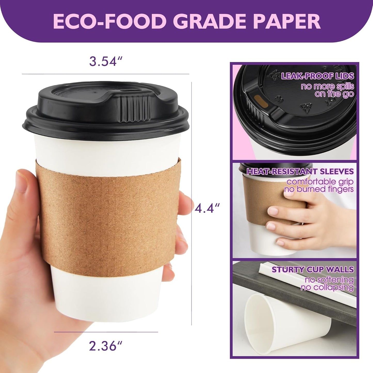 12 oz 100 Pack Disposable Coffee Cups with Lids and Sleeves, Coffee Paper Cups with Lids, To Go Beverage Drinking Cup for Coffee, Tea
