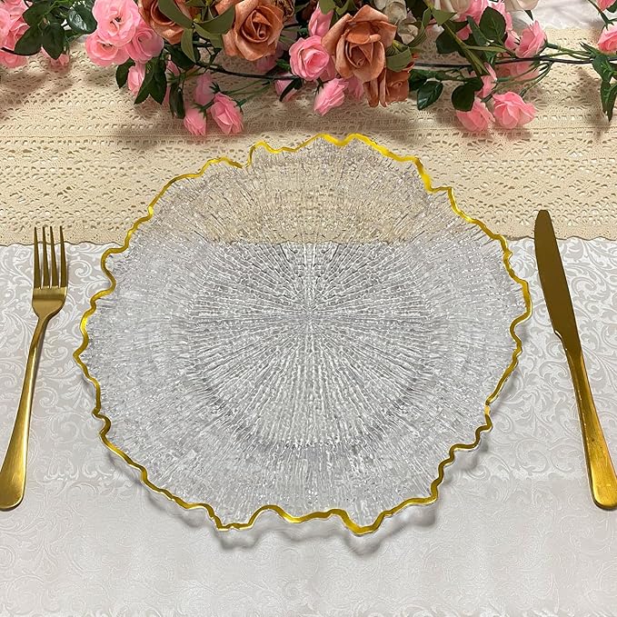 CN JIAHE 13inch Clear Acrylic Reef Gold Rim Charger Plates Set of 8 , for Dinner , Wedding , Party , Event Decoration.