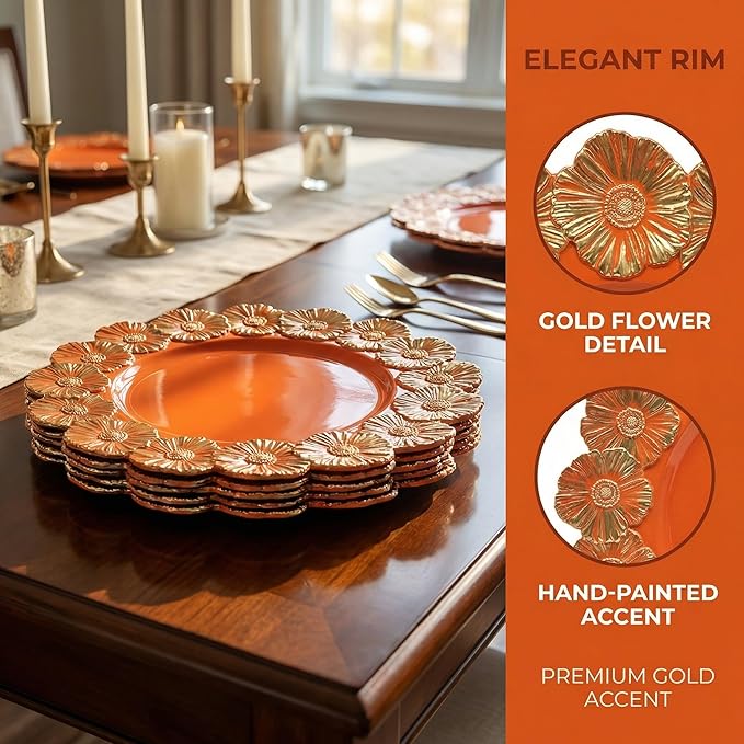 Orange Charger Plates with Flower Rim, 13" Round Charger for Dinner Plates, Set of 6 Plastic Plate Chargers for Halloween, Thanksgivng, Christmas.