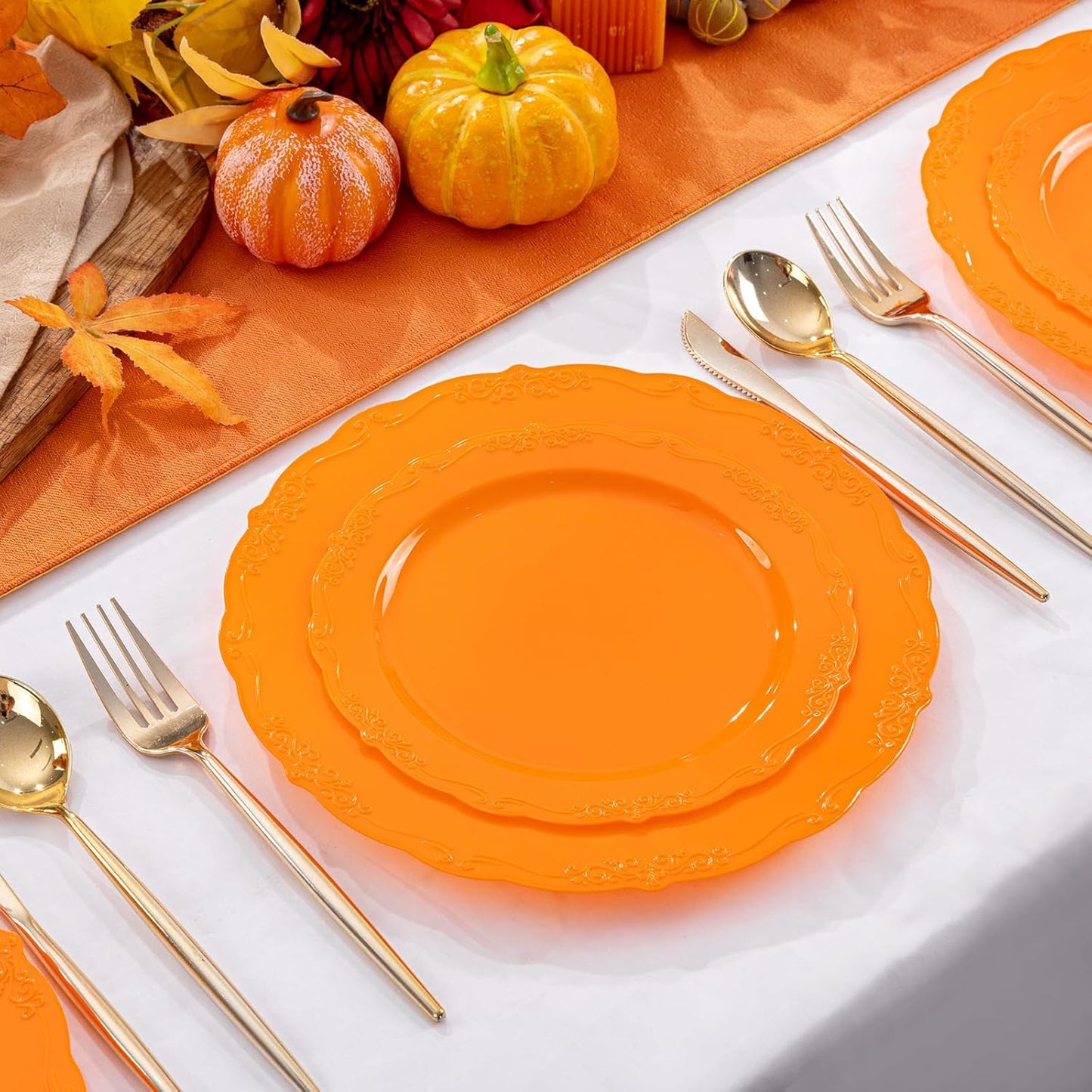 U-QE 60 Pieces Thanksgiving Plates - Thanksgiving Plastic Plates Disposable - Orange Plastic Plate for Party Including 30 Dinner 10.25 '' & 30 Dessert Plate 7.5 ''