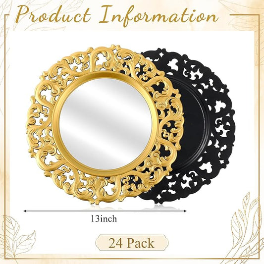 Maxdot 24 Pcs 13" Mirror Charger Plates for Dinner Plates Plastic Round Embossed Edge Dinner Chargers for Table Setting Wedding Party Christmas Holiday Supplies Elegant Tabletop (Gold)
