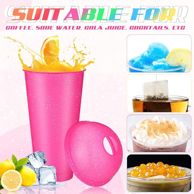 6 Set Slushie Cups with Dome Lids and Straws Detachable Spoon Straws Reusable Plastic Iced Coffee Cups Smoothie Tumbler for Birthdays Summer Party Supplies(Light Colors,24 oz)