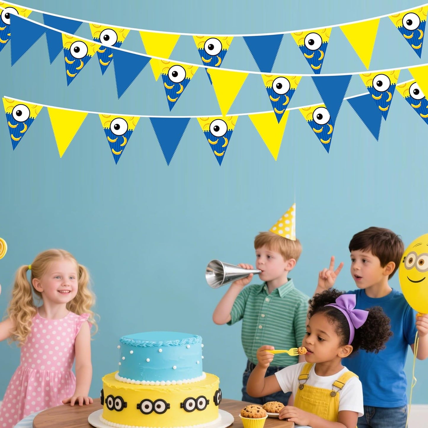 32Ft Yellow Blue Cartoon Party Decorations Blue Yellow Big Eyes Banana Triangle Flag Fabric Banner Pennant Garland Streamers for Cartoon Birthday Baby Shower Big Eyes Movie Party Decor Supplies