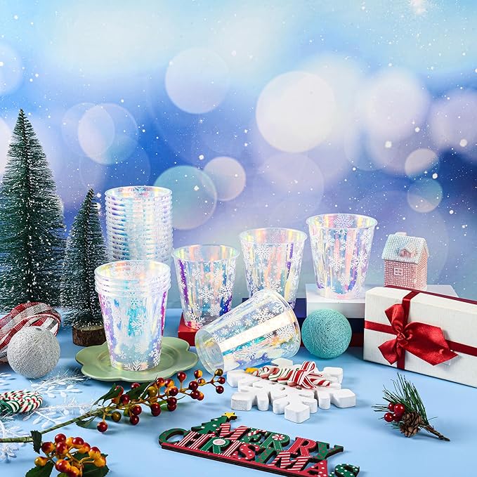 25 Winter Plastic Cups Iridescent Snowflake Party Cups 12oz Frozen Shiny Snowflakes Disposable Drinking Cups for Birthday Wedding New Year Holiday Party Supplies