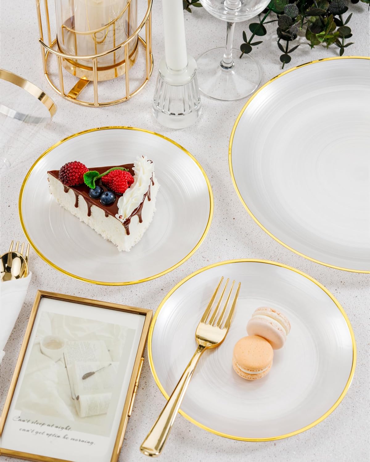 Morejoy 100Pcs Pearl White Plastic Plates,White Disposable Plates With Gold Rim,Heavy-duty Gold Plates, Modern swirl design Plate Include 50Clear Dessert-Platos,50Dinner-Platos for Party&Thanksgiving