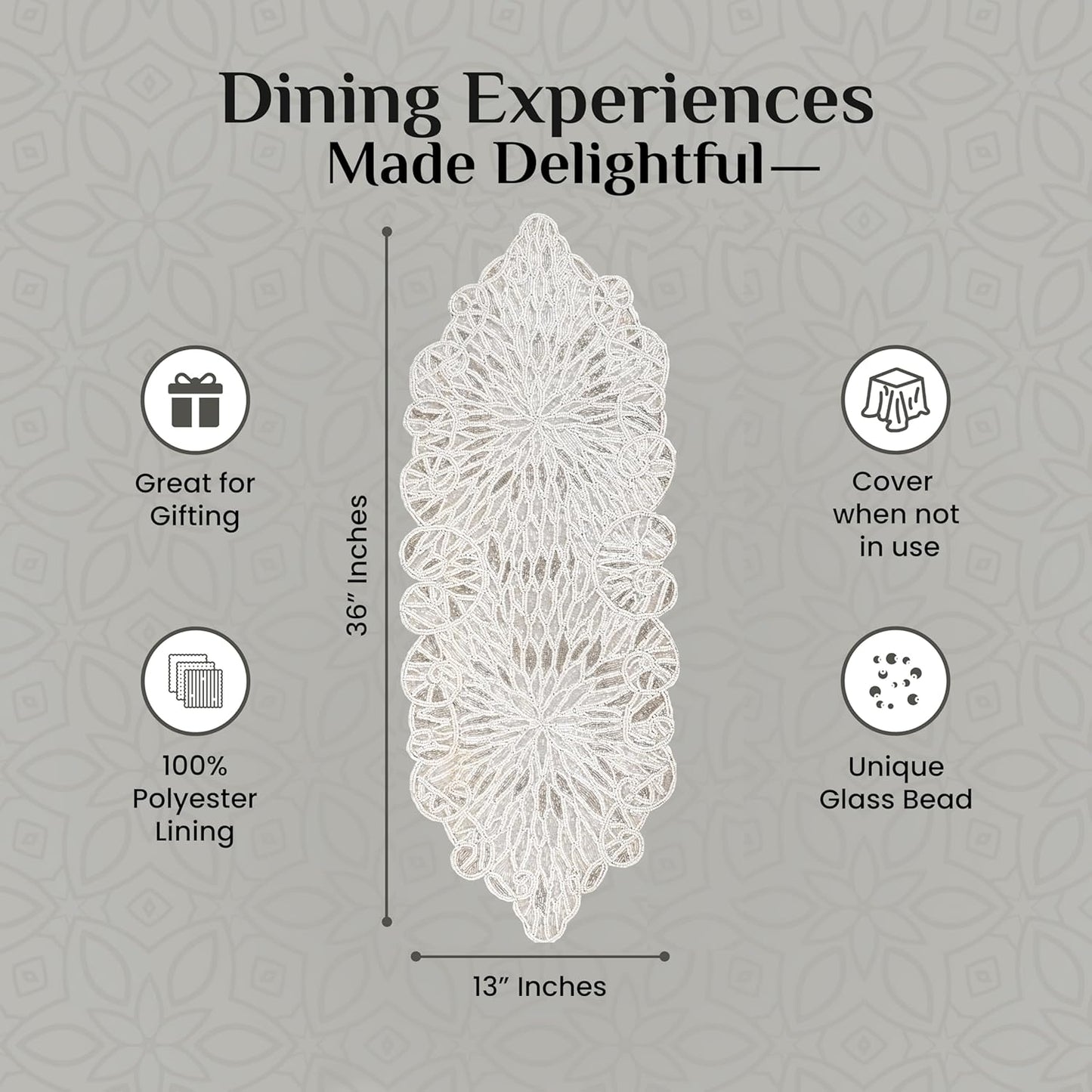 Beaded Table Runner - Elegant Indoor/Outdoor Decor for Weddings, Holidays, Gatherings, Parties, Dining & Special Occasions, Festive Home Decor (White Silver) - CLEENTABLE