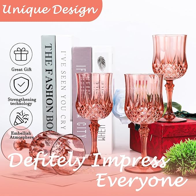 Plastic Wine Glasses, Plastic Goblets Vintage Style Cordial Unbreakable Drinking Glasses, Reusable Drinkware for Wedding Reception, Grand Event Party Supplies, Easter (24, Rose Gold)