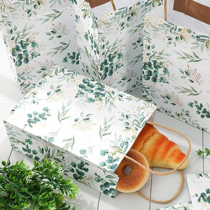 JarThenaAMCS 24Pcs Greenery Kraft Paper Gift Bags Green Gold Eucalyptus Leaves Treat Bags with Handles Candy Goodie Bag for Birthday Wedding Baby Shower Party Supplies