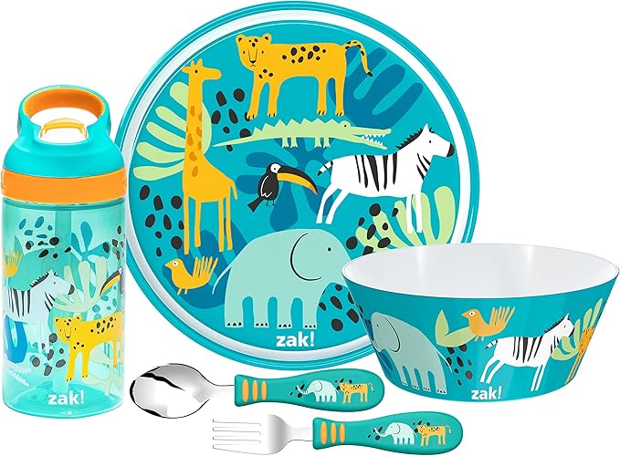 Zak Designs 5-Piece Dinnerware Set, Safari - Durable Plastic & Stainless Steel - Includes Water Bottle, 8-Inch Plate, 6-Inch Bowl, Fork & Spoon - Suitable for Kids Ages 3+