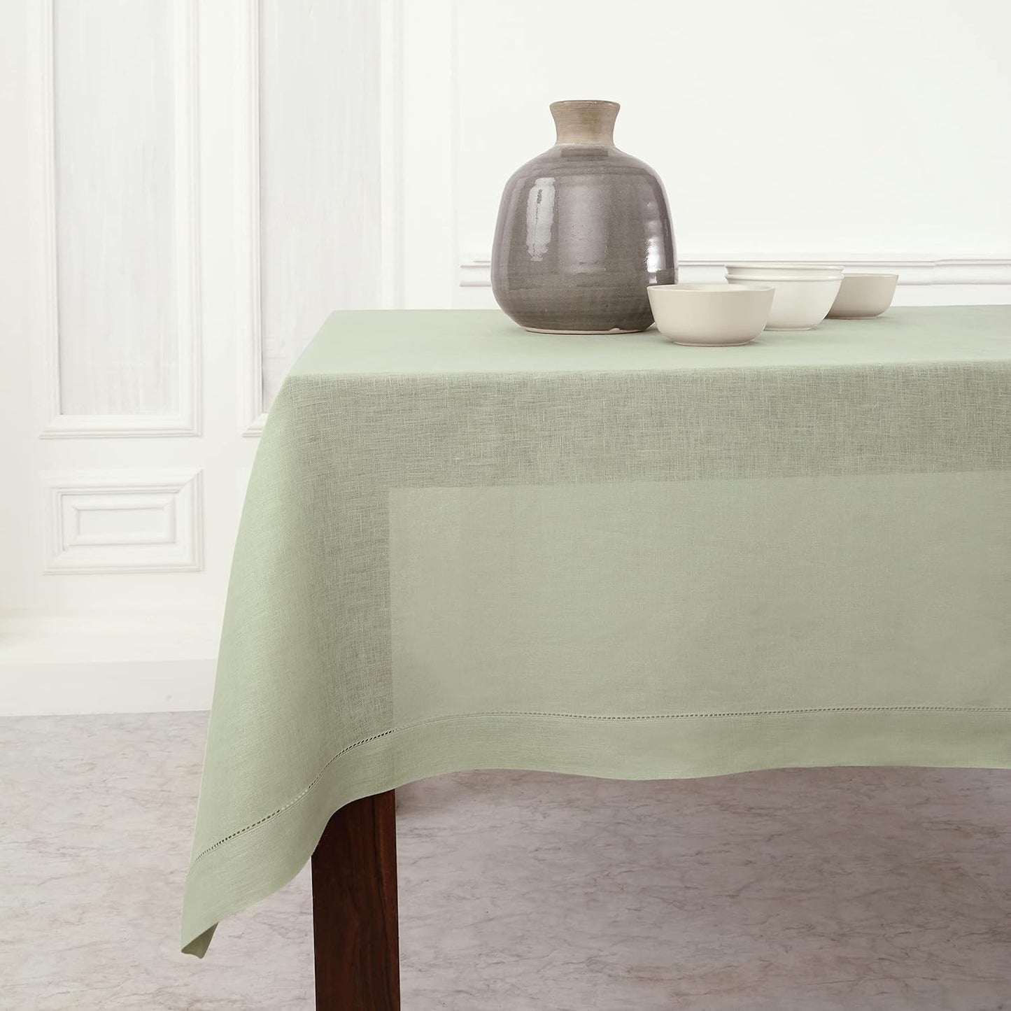 Solino Home Sage Green Linen Tablecloth 60 x 120 Inch - 100% Pure Linen Hemstitch Table Cloth for Rectangle Tables - Classic Hemstitch, Machine Washable Tablecloth for Fall, Thanksgiving, Christmas
