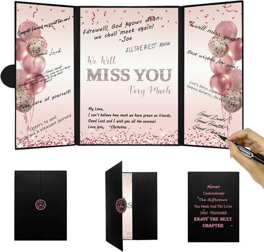 DARUNAXY Rose Gold Farewell Party Decorations for Women, We Will Miss You Very Much Alternative Signature Guest Book Girls Going Away Gifts Signing Card Board for Retirement Graduation Party Supplies