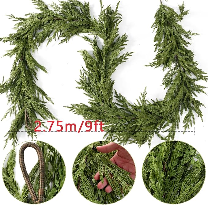 9ft Handmade Christmas Garland,Artificial Norfolk Pine Needles Greenery Seasonal Garland for Christmas Firepalce Winter Holiday Indoor Outdoor Decoration