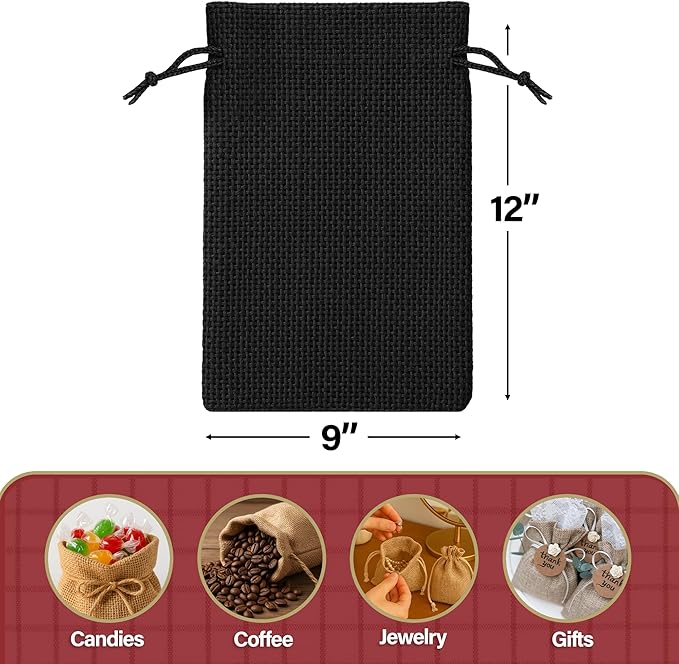 Mandala Crafts 9X12 Inch Black Burlap Drawstring Gift Bags for Favors - 20 Large Linen Sacks Gift Pouches for Candy, Coffee, Jewelry, Wedding, and Party Supplies