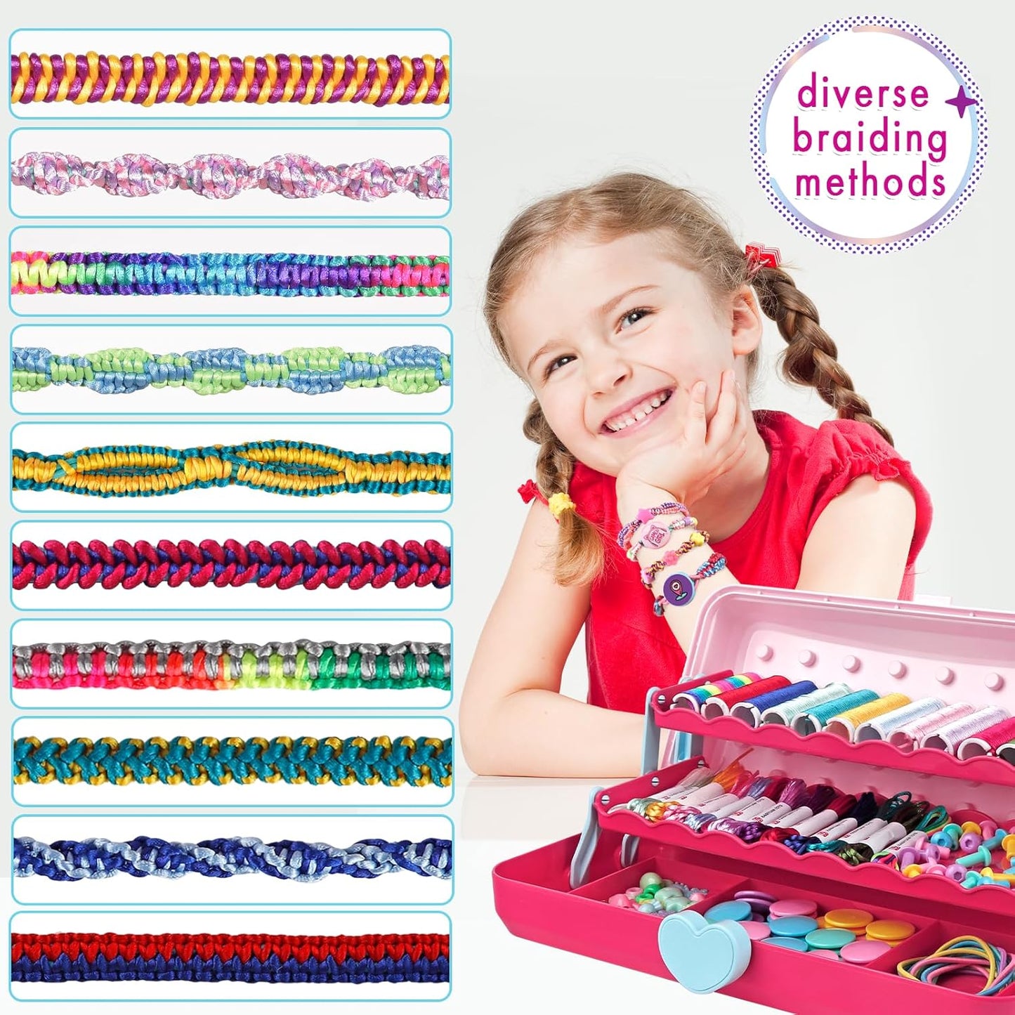 Friendship Bracelet Making Kit with Storage Box,DIY String Bracelet Arts and Craft for Girls Aged 8-12,Kids' Travel Activity Toy Set,Easter Birthday Gifts for Ages 6 7 8 9 10 11 12 Year Old Red