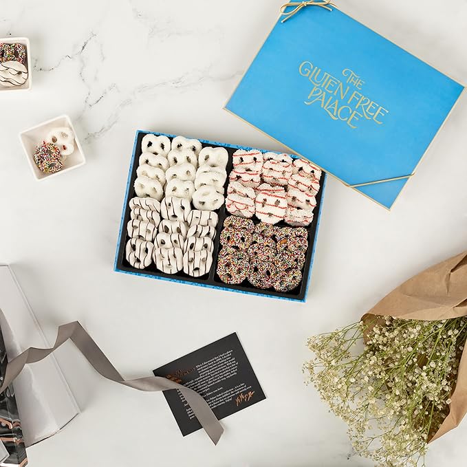 Gluten Free Palace Chocolate Covered Pretzels Gift Box – Holiday Gluten Free Treats for Thanksgiving, Christmas, and New Year – Gourmet Snack Basket for Men and Women (4 Flavors)