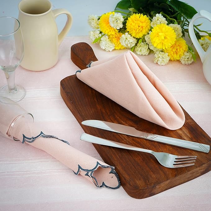 FINGERCRAFT Cloth Napkins, Everyday Use Reversible Scallop Design, Premium Quality Cotton Linen Blend Napkin Set of 6 Perfect for Parties Dinners Weddings Easter Napkin Cloth 20x20 Inch Dusty Pink