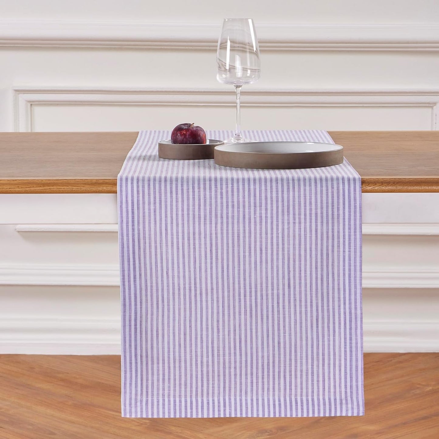Solino Home Linen Table Runner 108 Inches Long - Narrow Stripe, 100% Pure Linen Lavender and White Table Runner 14 x 108 Inch for Dining, Fall, Autumn, Thanksgiving, Christmas