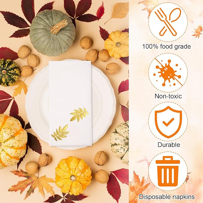Janlaugh 100 Pcs Gold Thanksgiving Linen Disposable Bathroom Hand Towels Pumpkin Maple Leaves Foil Stamped Guest Napkins 12"x17" Paper Towels for Bathroom Home Lunch Dinner Kitchen(Leaf)