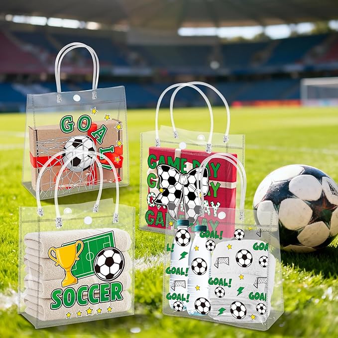 H1vojoxo Soccer Party Gift Bags - 24PCS Soccer Clear PVC Gift Bags with Handles Bulk 4 Styles Sports Theme PVC Plastic Gifts Wrap Tote Bag Reusable Clear Gift Bag for Ball Team Birthday Party Favor