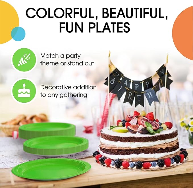 Exquisite Party Solids Lime Green Paper Plates Disposable Heavy Duty 9 Inch Lime Green Disposable Plates For Party 100 Pcs Heavy Duty 350 GSM, Birthday Supplies