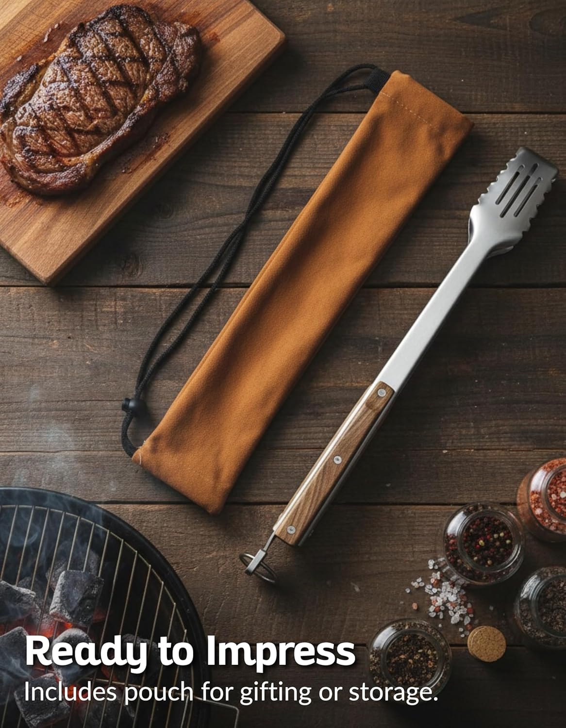 17-Inch Grill Tongs for Outdoor Grilling - Heavy Duty Stainless Steel Tongs with Luxurious Walnut Grip & Premium Gift Pouch - Extra Long BBQ Tongs for Grilling, Smoker & Outdoor Cooking