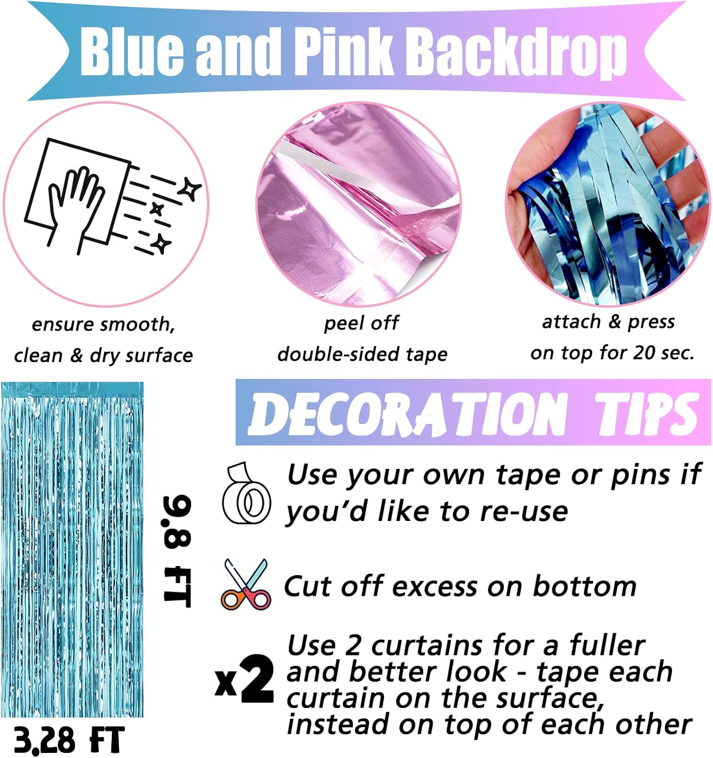 4 Pack 3.2Ft x 9.8Ft Pink Blue Fringe Curtain Backdrop, Metallic Tinsel Foil Fringe Streamers Curtains Background for Photo Booth Wedding Gender Reveal Backdrop Boy or Girl Birthday Party Decoration