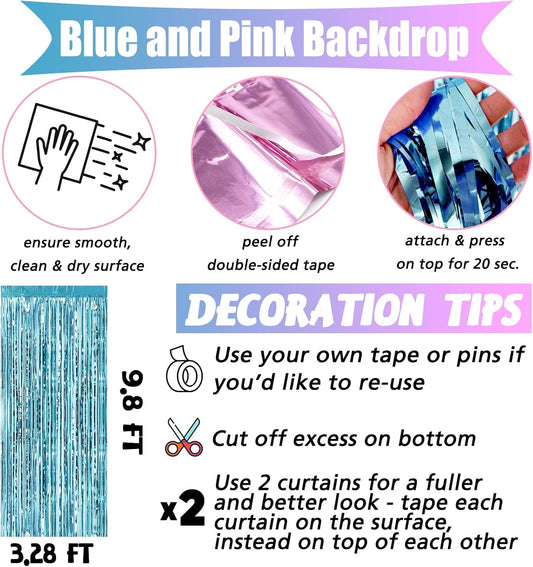 4 Pack 3.2Ft x 9.8Ft Pink Blue Fringe Curtain Backdrop, Metallic Tinsel Foil Fringe Streamers Curtains Background for Photo Booth Wedding Gender Reveal Backdrop Boy or Girl Birthday Party Decoration