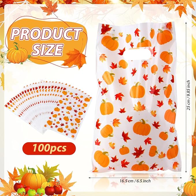 Supervitae 100 Pcs Fall Plastic Gift Bags Thanksgiving Party Favor Bags Bulk Pumpkin Maple Leaves Goodie with Handle for Autumn Party Supplies