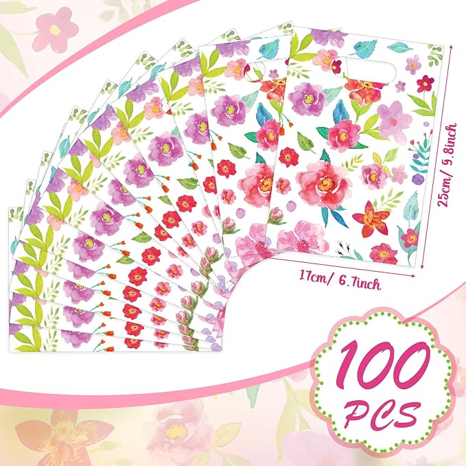 100 Pcs Wildflower Gift Bags Vintage Wildflower Party Favor Bag with Handle Plastic Goodie Candy Treat Gift Wrapping for Wedding Baby Shower Birthday Party Favors Supplies(Wildflowers)