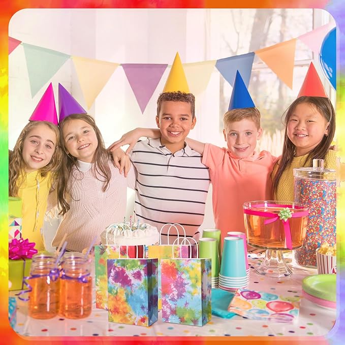 Gaillty 24 Pcs Tie Dye Party Favor Bags Camouflage Goodie Gift Bags with Handles Colorful Rainbow Paper Treat Candy Totes for Retro Theme Birthday Party Supplies Decorations