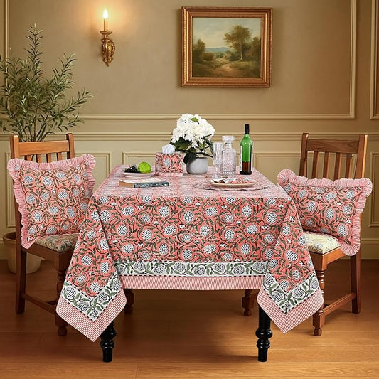 Ridhi Hand Block Print Dark Salmon Pink Rectangle Cotton Tablecloth 190" x 72" Reusable Table Cover Decorative Everyday Use for Dining, Farmhouse, Home Gift for Spring, Easter, Valentine