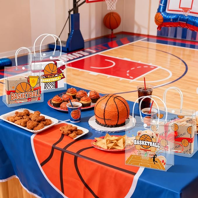 H1vojoxo Basketball Party Gift Bags - 24PCS Basketball Clear PVC Gift Bags with Handle Reusable Sports Goodie Bag for Boys Birthday Party Basketballs Tote Candy Bag Large Treat Ball Themed Party Favor