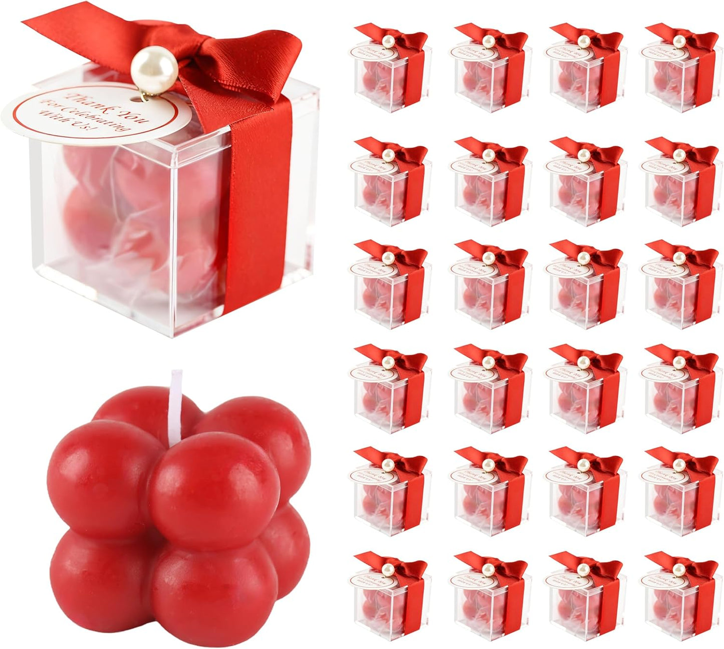 ACITHGL 30 Sets Small Bubble Candle Wedding Candles Favors for Guests Bulk Bridal Shower Favors Candles with Stylish Ribbons Thank You Cards Gifts (Shimmering Red)