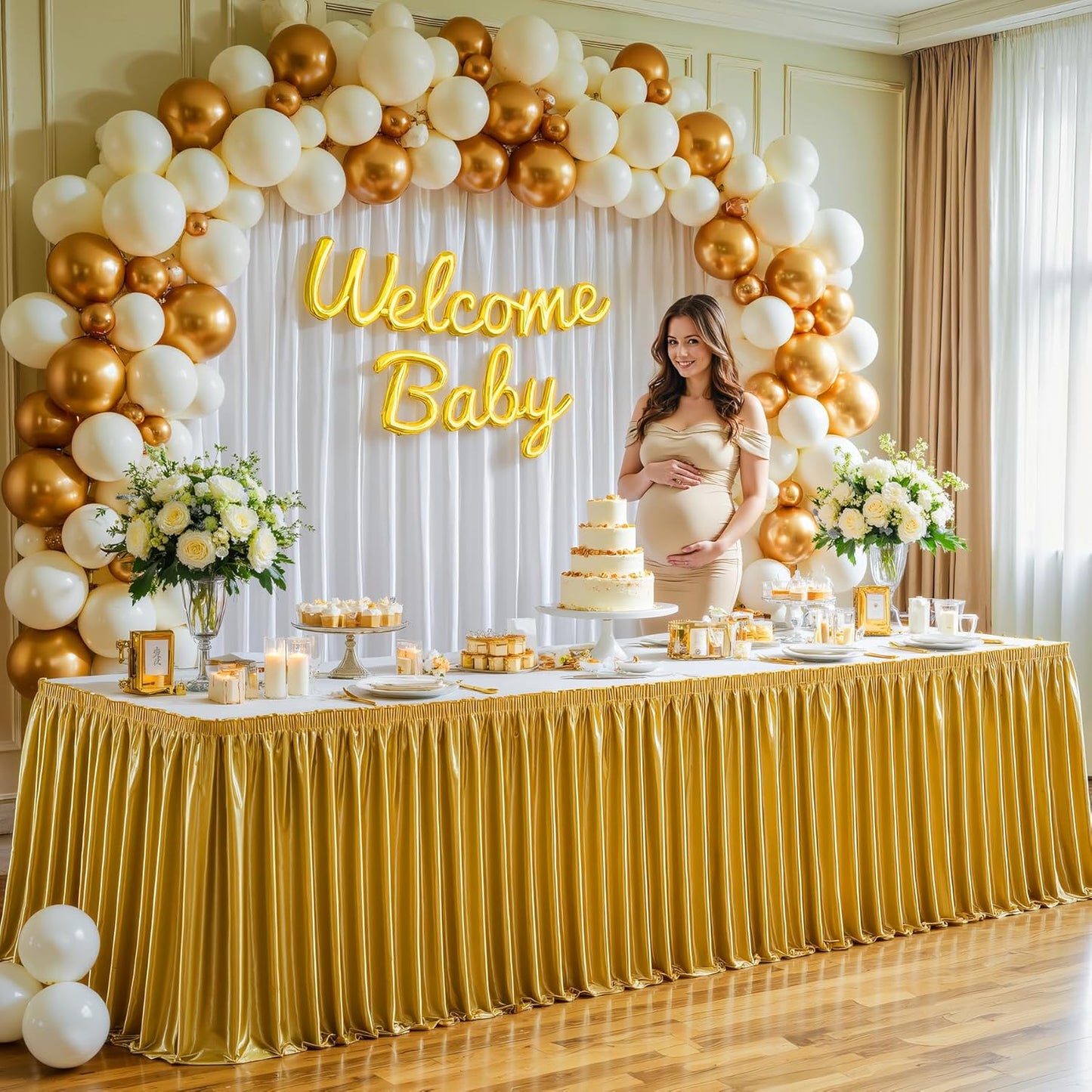 Wish Care 21ft Gold Satin Table Skirt for Rectangle Tables Wrinkle Free Glitter Desk Skirts Pleated Ruffle Table Cloth for Wedding Birthday Graduation Cocktail Party Buffet Display Table Decorations