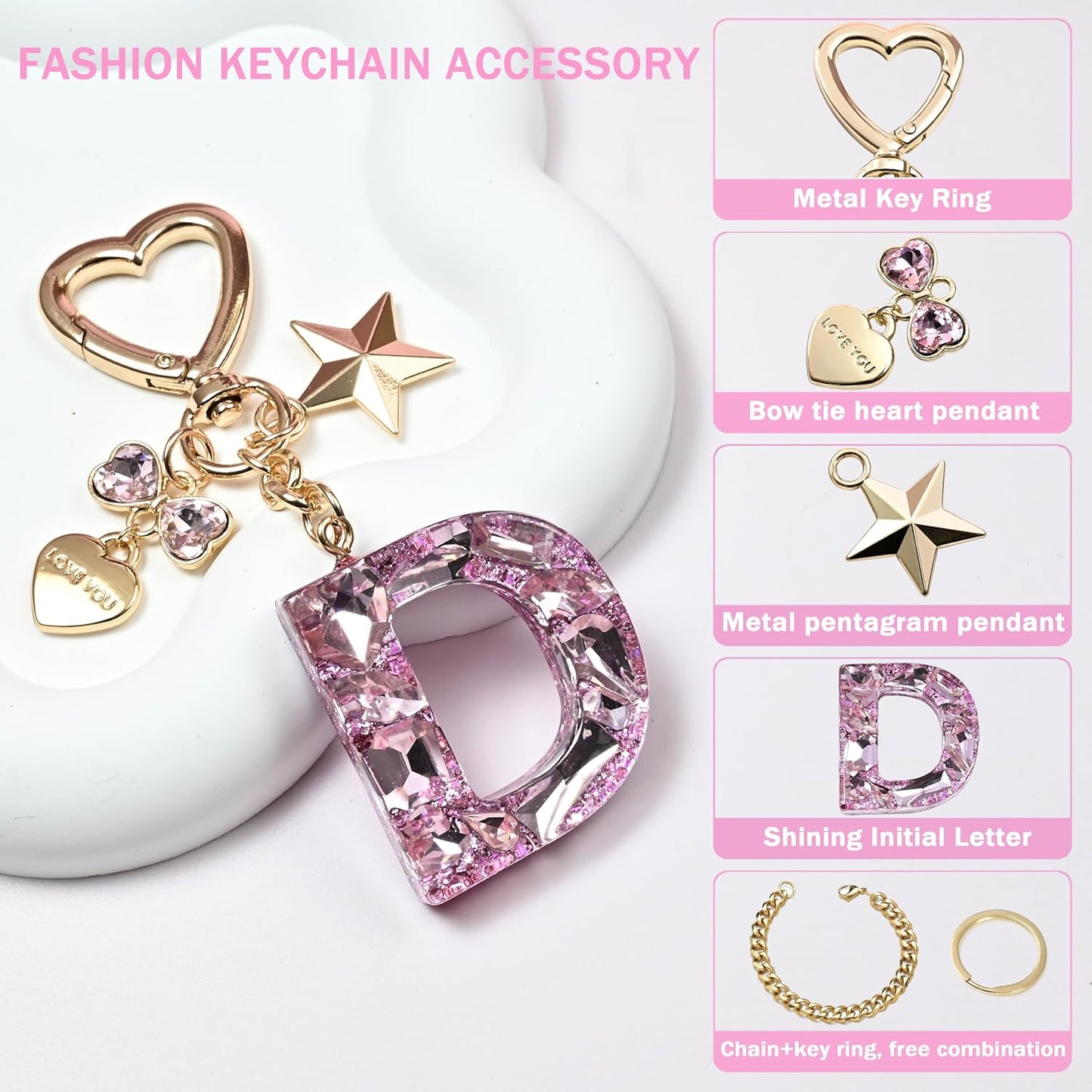 Cute Bling Keychain initial Letter Butterfly Star Pink Purple Gift for Women Girls Bag Cup Charms Accessories
