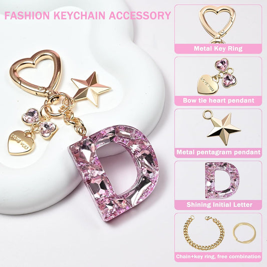 Cute Bling Keychain initial Letter Butterfly Star Pink Purple Gift for Women Girls Bag Cup Charms Accessories