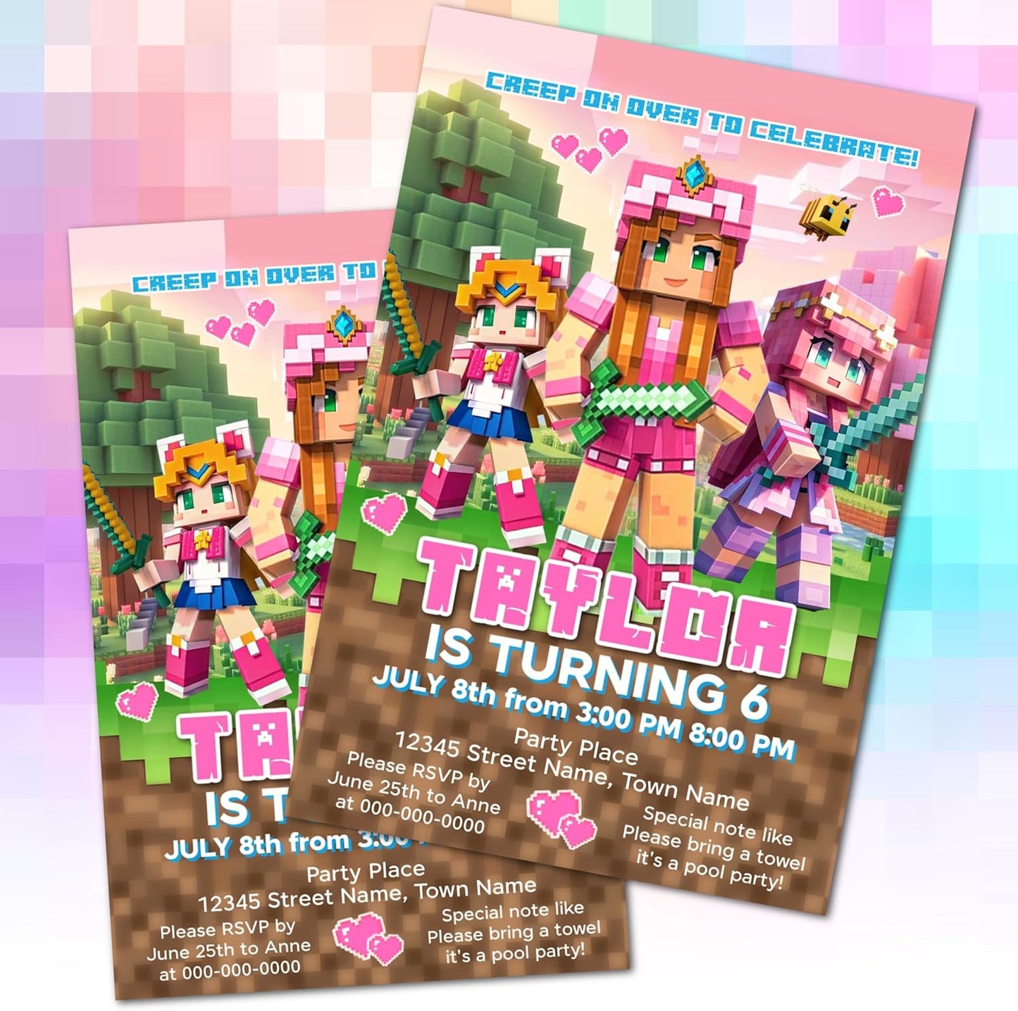 Fully Customizable minecraft Birthday Party Invitations, 4 x 6 inches, with Self-Sealing Envelopes, Gaming Theme Design, minecraft Birthday Invitations for Boys and Girls (Minecraft/Girls)