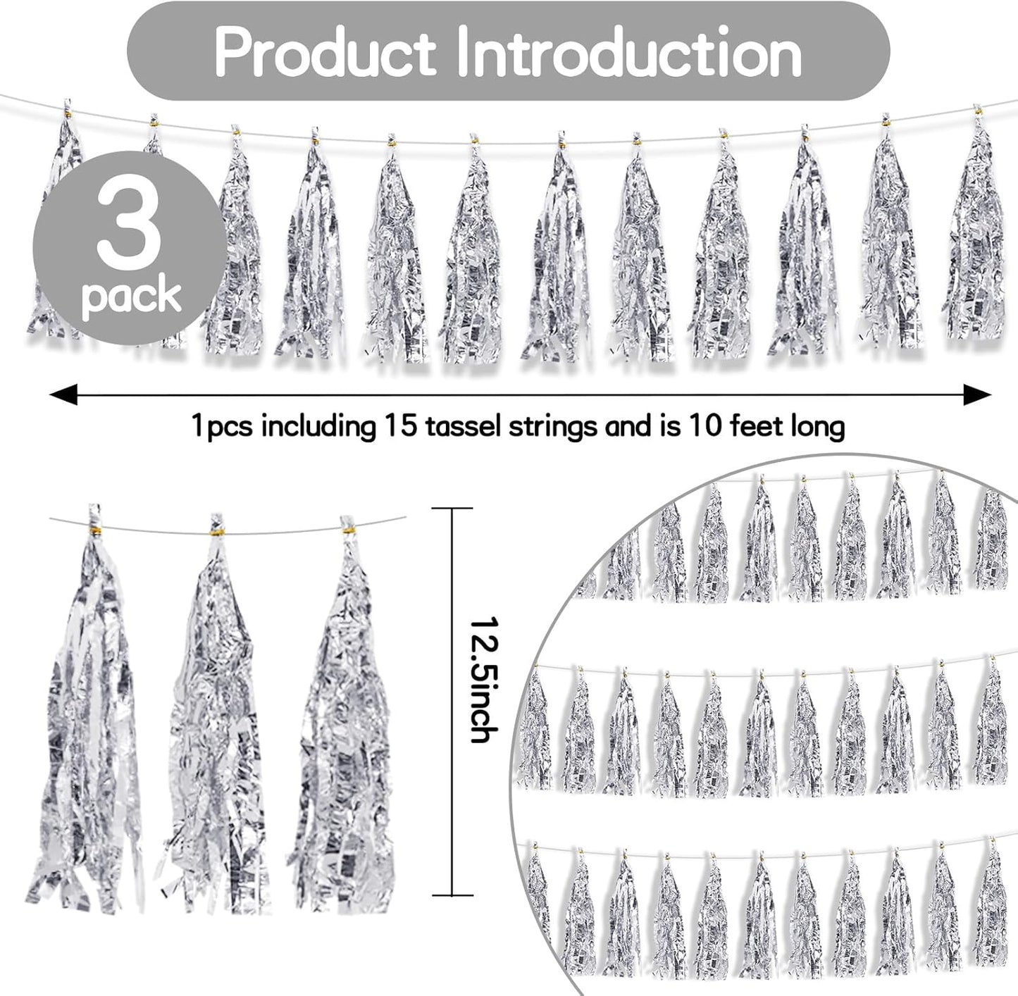 BEISHIDA 3 Packs Silver Metallic Foil Fringe Tassel Garland, Tassels Banner Streamers for Car Floats Bridal/Baby Shower Birthday Wedding Halloween Christmas Holiday Party Decoration