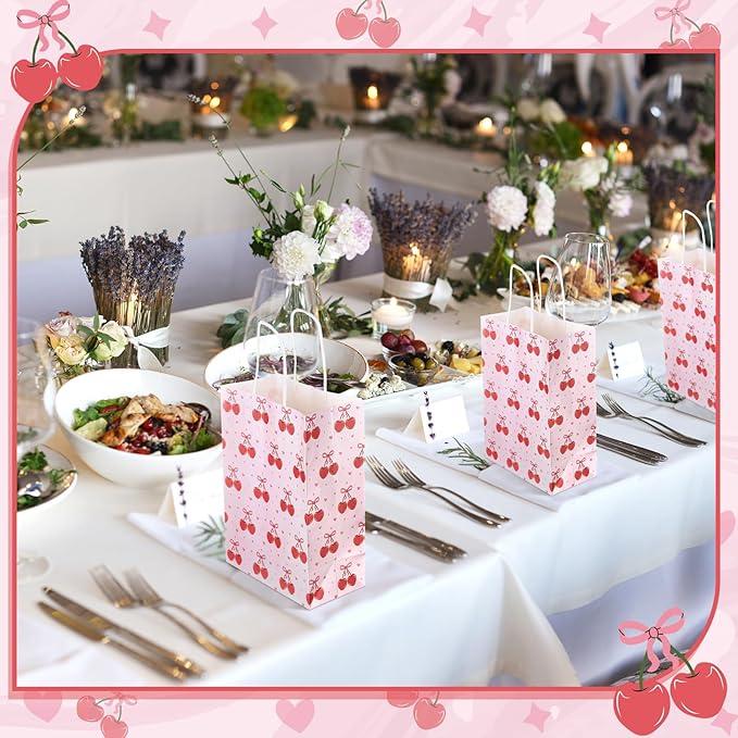 Kolldenn 16 Pcs Coquette Cherry Bow Paper Gift Bags Women Mother's Day Birthday Favor Goodie Candy Bags with Handles for Bridal Engagement Baby Shower Party Supplies