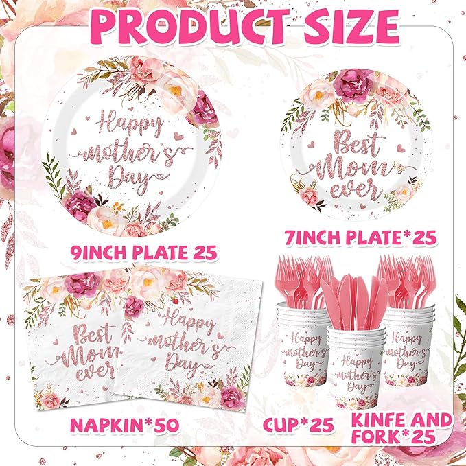Mothers Day Paper Plates and Napkins Set, 144Pcs Floral Theme Disposable Tableware for 24 Guests, Includes Dinner Plates, Dessert Plates, Luncheon Napkins for Party Decorations